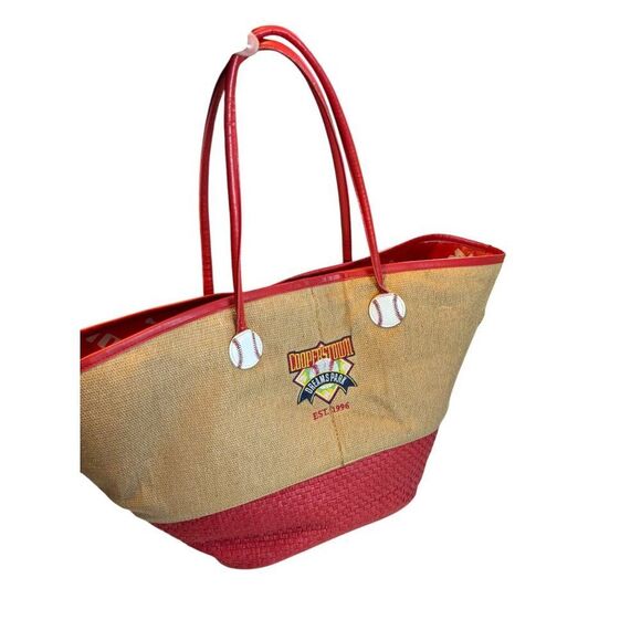 Cooperstown Dreams Park Baseball Themed Tote Bag With Red & Beige Straw Design - Picture 7 of 9
